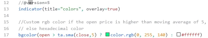 Image showing use of custom RGB and Hexadecimal colors in Tradingview Pinescript V5