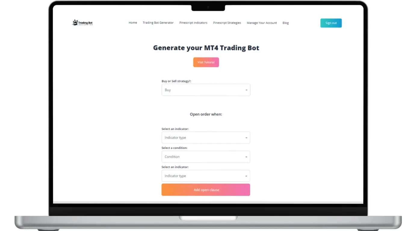 image shows the Trading Bot Generator on a computer screen. It let's you build an expert advisor in seconds without writing code