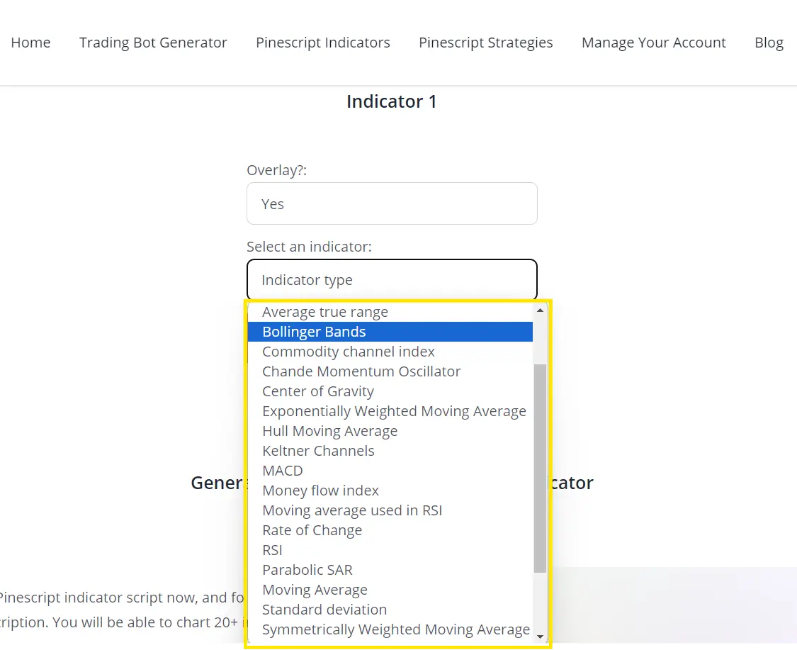 Image showcasing over 20 indicators available for selection in the Pine Script generator