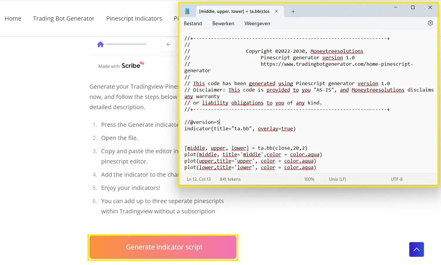 Image depicting Pine Script code generated using the generator