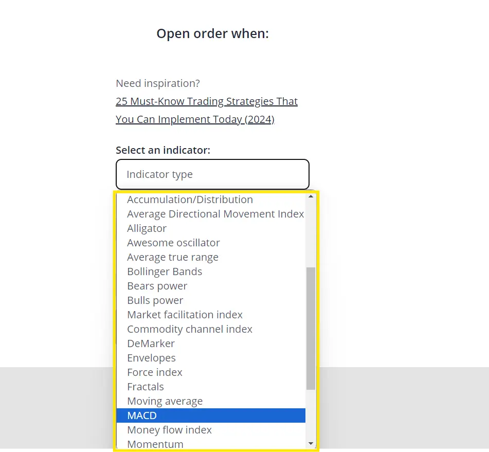 Image showcasing over 20 indicators Metatrader 4 available for selection in the Trading Bot Generator