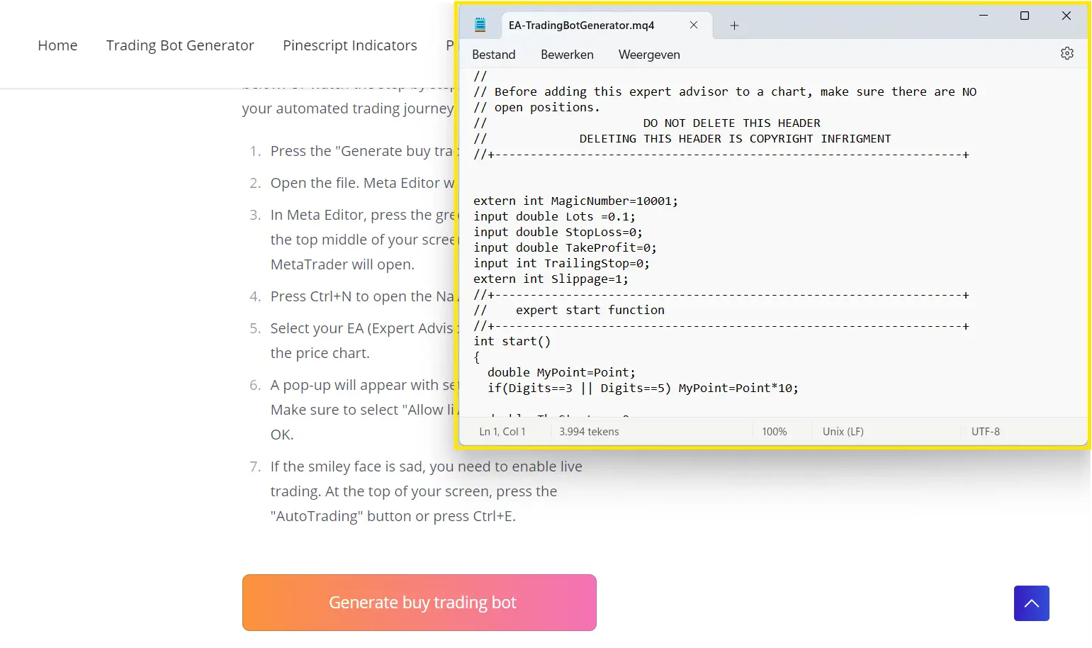 Image depicting MQL4 code generated using the trading bot generator